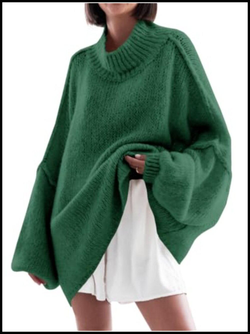 Womens Oversized Chunky Ribbed Knit Batwing Sleeve Mock Neck Tunic Pullover